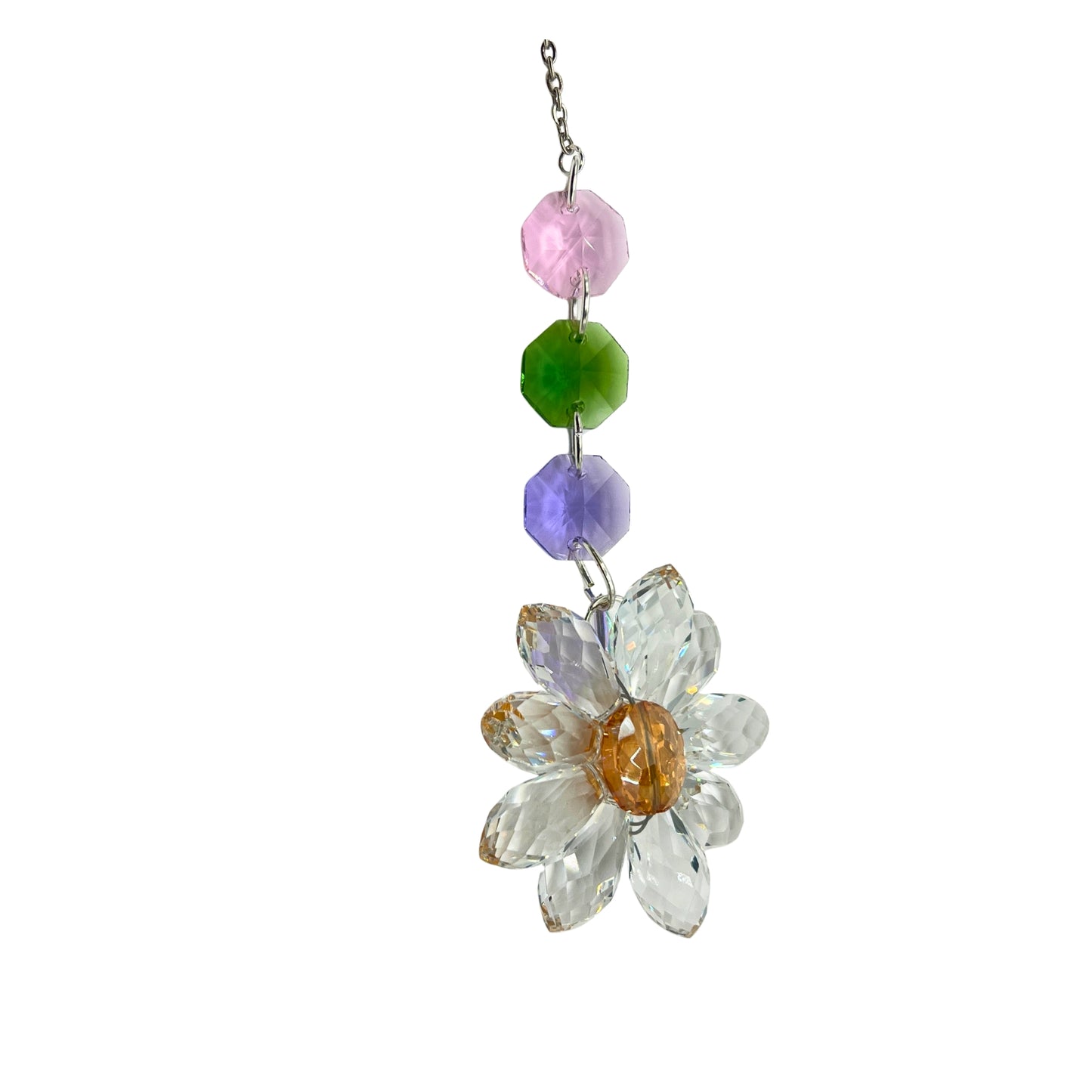 Crystal Flower Sun Catcher, Iridescent Glass Beads, Chain Hanging Decoration for Windows, Car Mirror Ornament