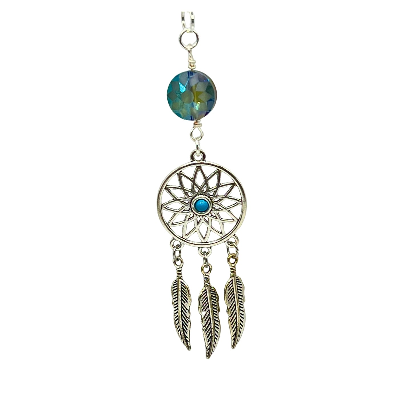 Dream Catcher Car Charm – Boho Rear View Mirror Sun Catcher with Feathers, Crystal & Optional Initial
