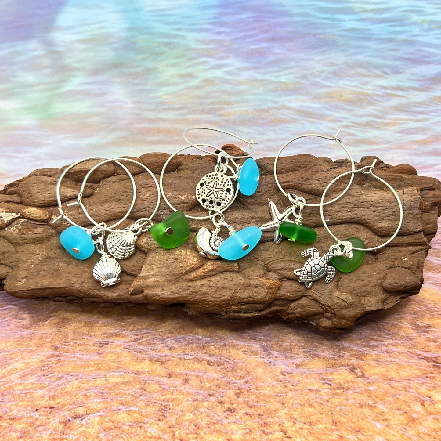 Sea Glass Wine Glass Charms – Nautical Beach Hostess Gift with Sea Turtle & Starfish, Set of 6