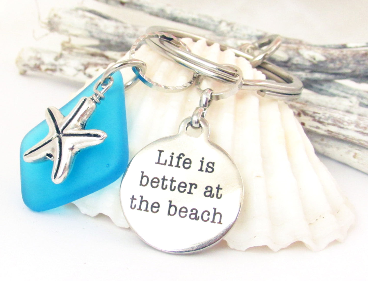 Starfish Keychain – Sea Glass & Beach Quote Charm, Coastal Gift for Her