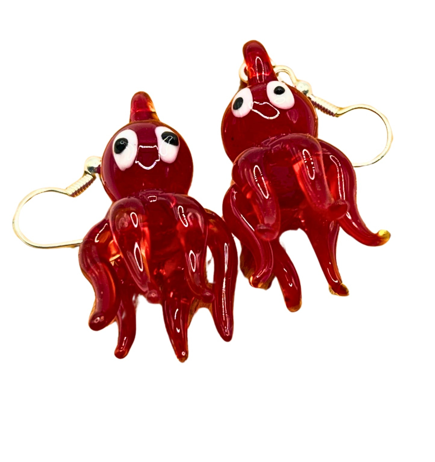 Glass Octopus Dangle Earrings – Red Handmade Blown Glass Nautical Beach Jewelry for Women