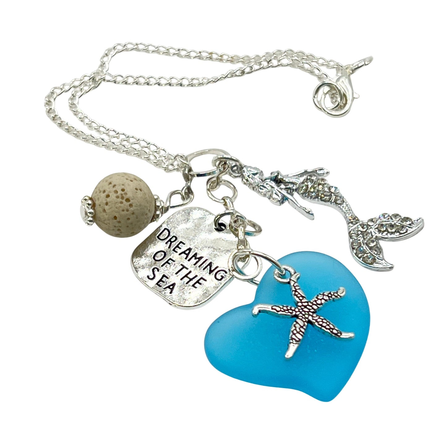 Mermaid Car Charm – Sea Glass Heart & Lava Bead Rear View Mirror Diffuser, Coastal Beach Gift