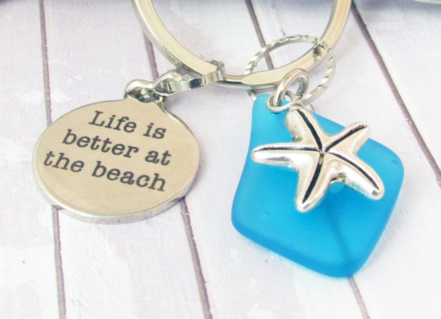 Starfish Keychain – Sea Glass & Beach Quote Charm, Coastal Gift for Her