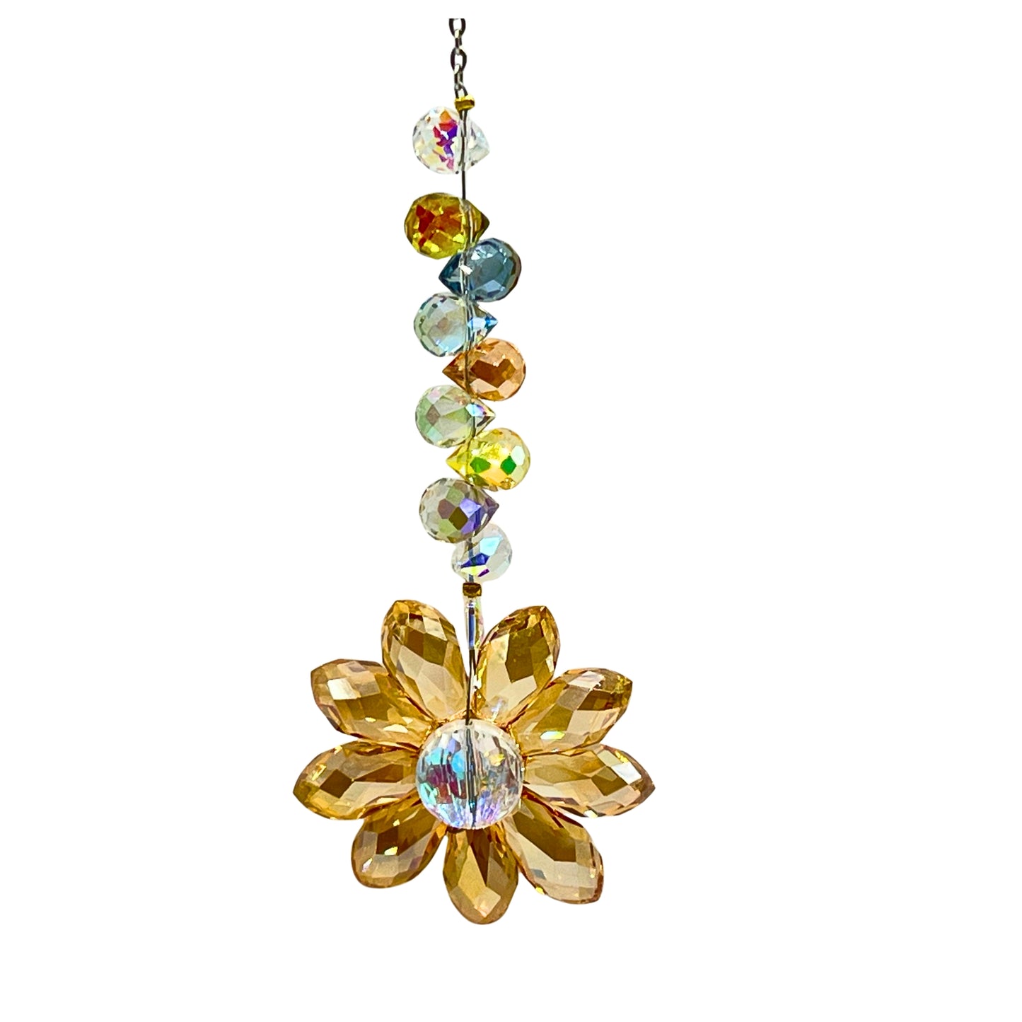 Crystal Flower Sun Catcher, Iridescent Glass Beads, Chain Hanging Decoration for Windows, Car Mirror Ornament