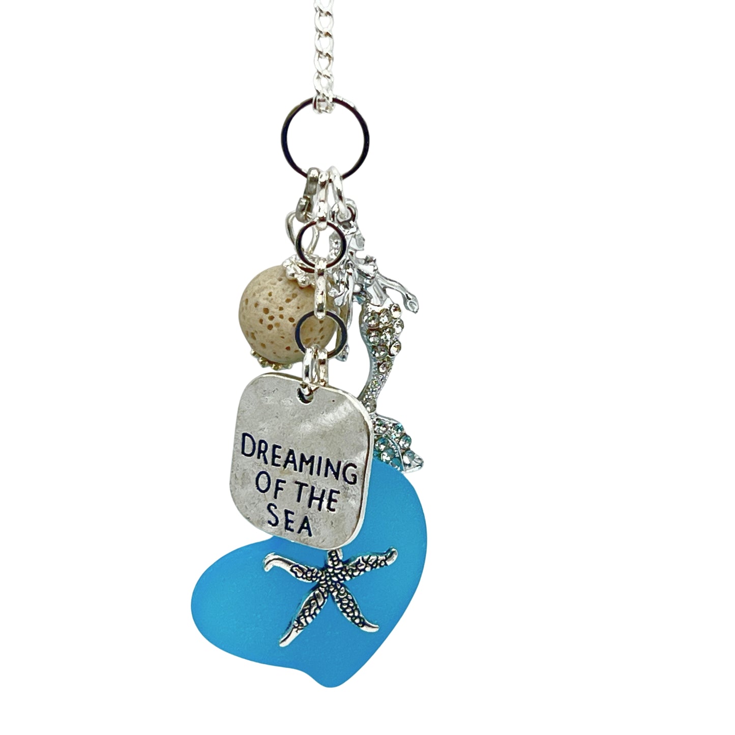 Mermaid Car Charm – Sea Glass Heart & Lava Bead Rear View Mirror Diffuser, Coastal Beach Gift