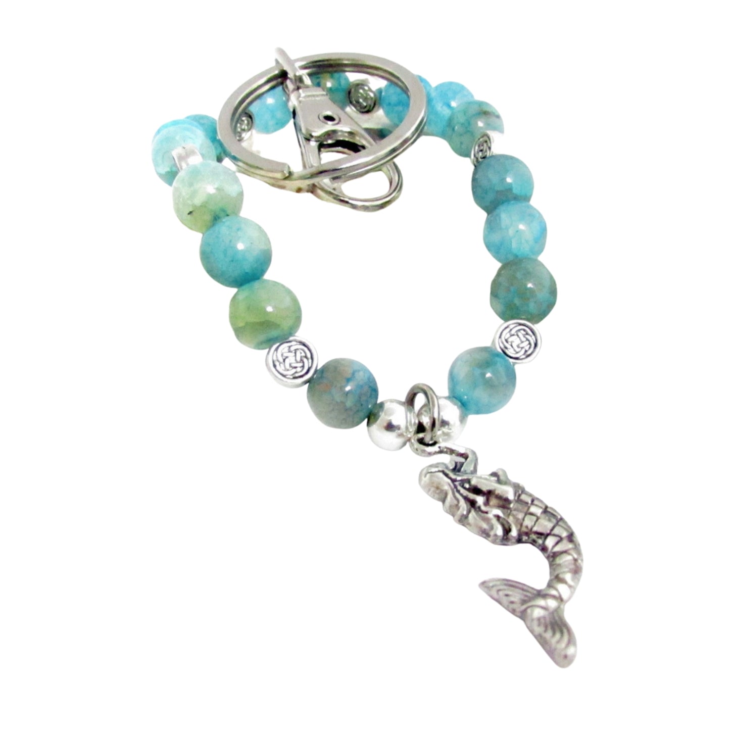 Mermaid Keychain Bracelet – Aqua Bead Elastic Wristlet, Stylish Coastal Hands-Free Keyring