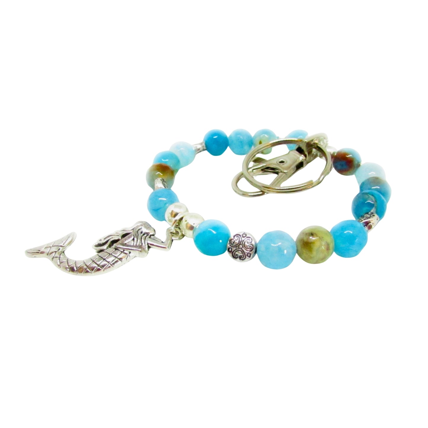 Mermaid Keychain Bracelet – Aqua Bead Elastic Wristlet, Stylish Coastal Hands-Free Keyring