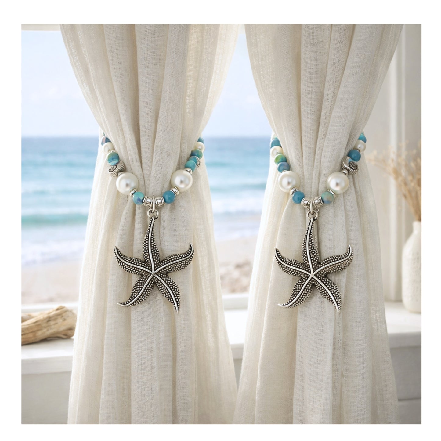 Starfish Curtain Tiebacks – Sea Blue & Green Beaded Nautical Beach Decor, Set of 2