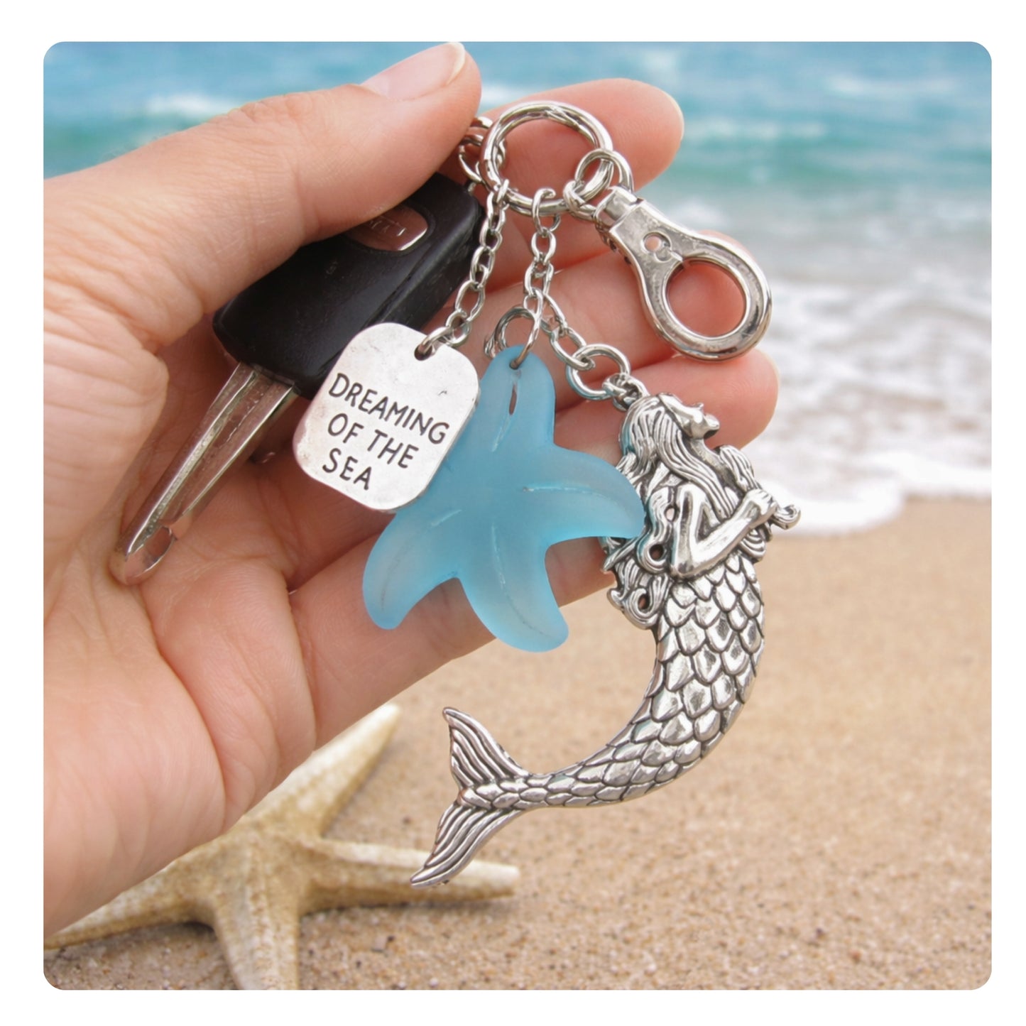 Mermaid Keychain – Sea Glass & Starfish Coastal Keyring, Handmade Beach Gift (Keychain or Car Charm)