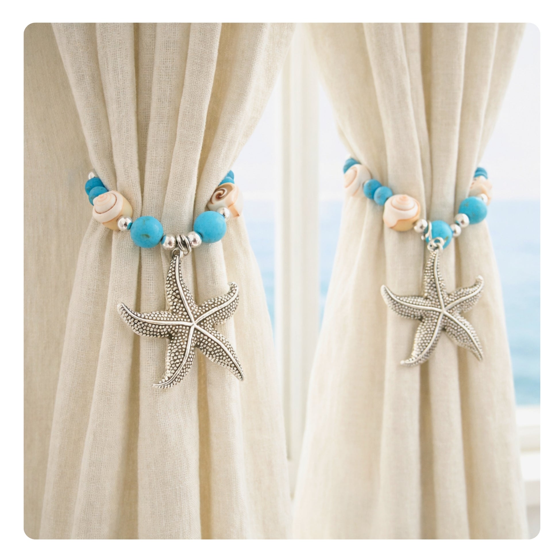 Starfish and turquoise bead curtain tiebacks shown styled on sheer curtains — handmade coastal beach home decor
