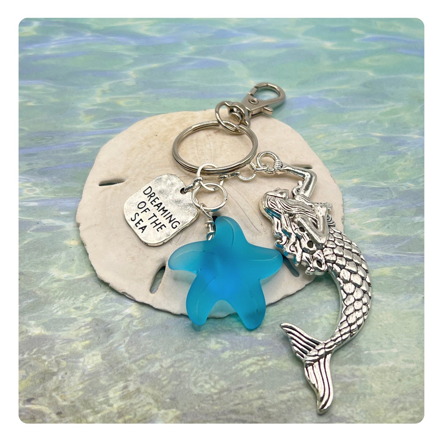 Mermaid Keychain – Sea Glass & Starfish Coastal Keyring, Handmade Beach Gift (Keychain or Car Charm)