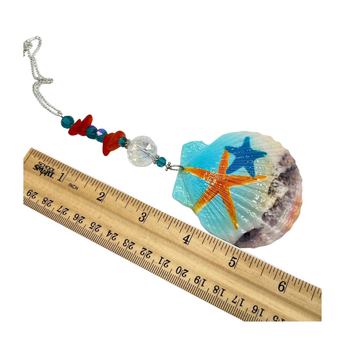 Painted Seashell Sun Catcher – Starfish Design with Sea Glass, Rear View Mirror or Window Decor