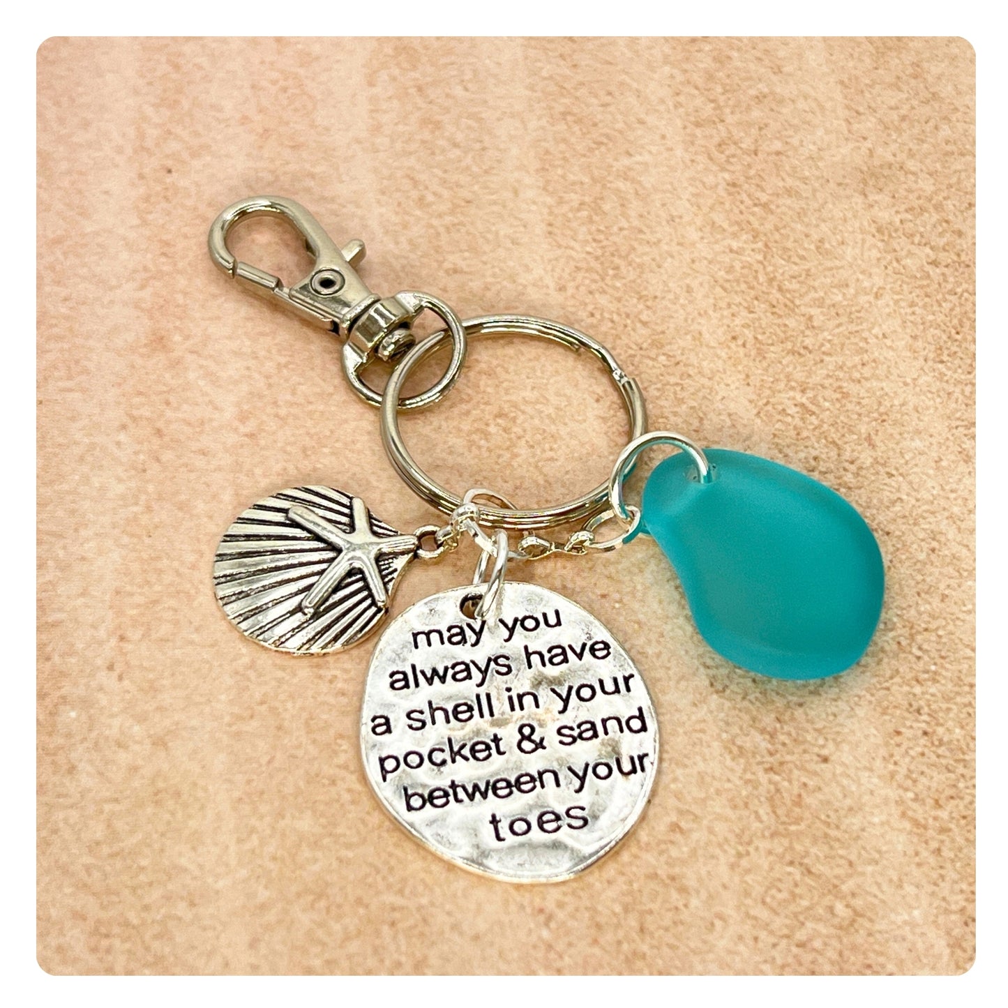 Sea Glass Keychain – Beach Quote Charm & Seashell, Coastal Gift for Her