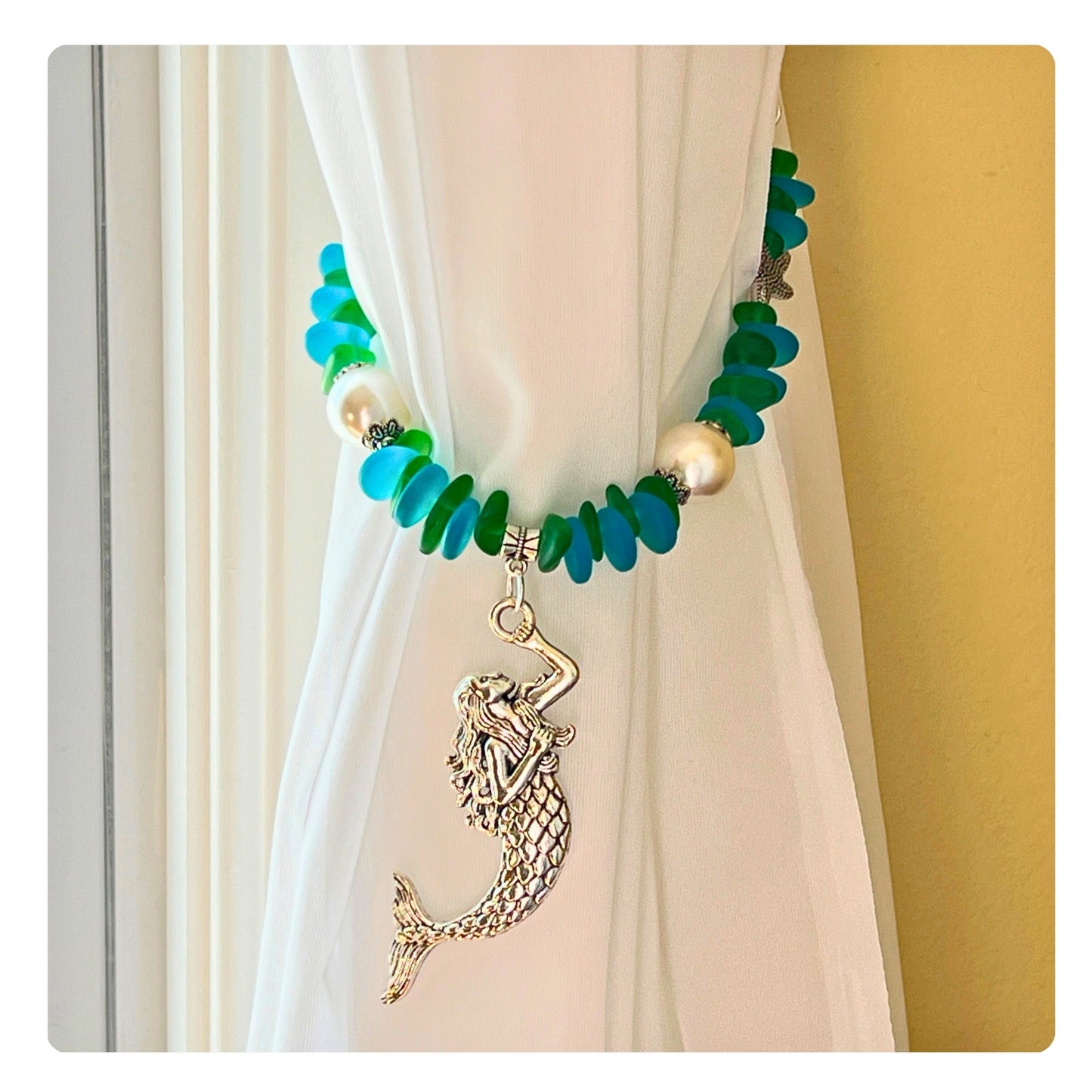 Mermaid Curtain Tiebacks – Sea Glass & Pearl Beaded Beach Home Decor, Handmade Set of 2