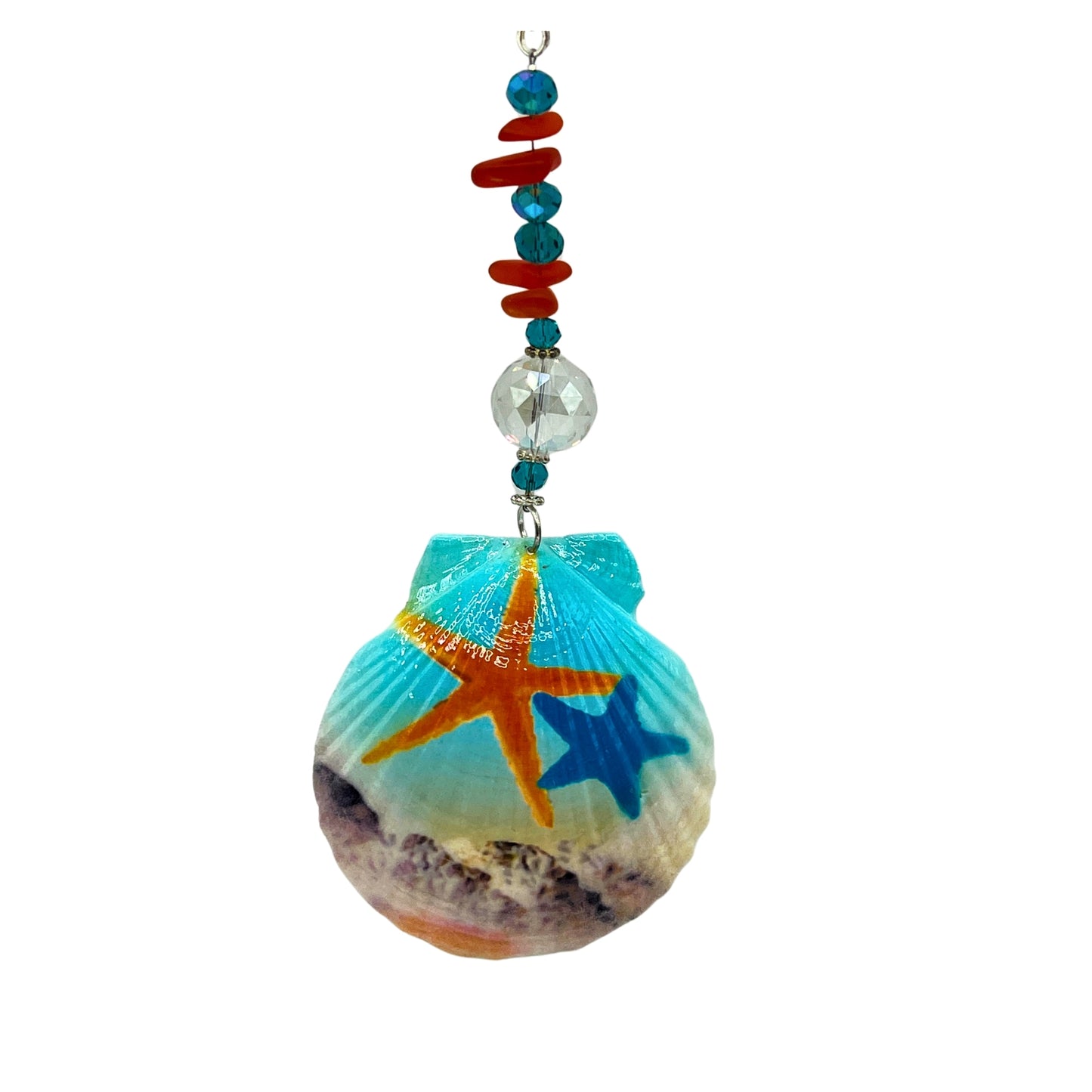Painted Seashell Sun Catcher – Starfish Design with Sea Glass, Rear View Mirror or Window Decor