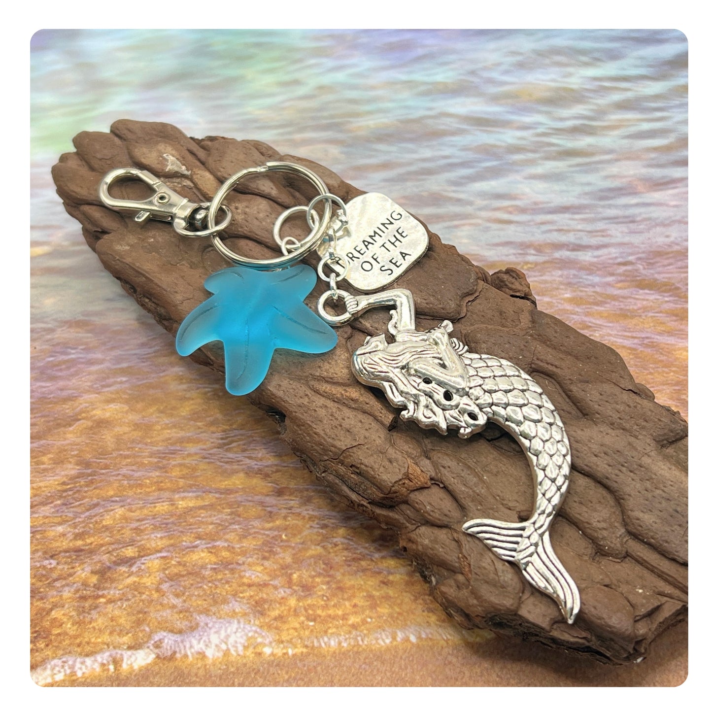 Mermaid Keychain – Sea Glass & Starfish Coastal Keyring, Handmade Beach Gift (Keychain or Car Charm)