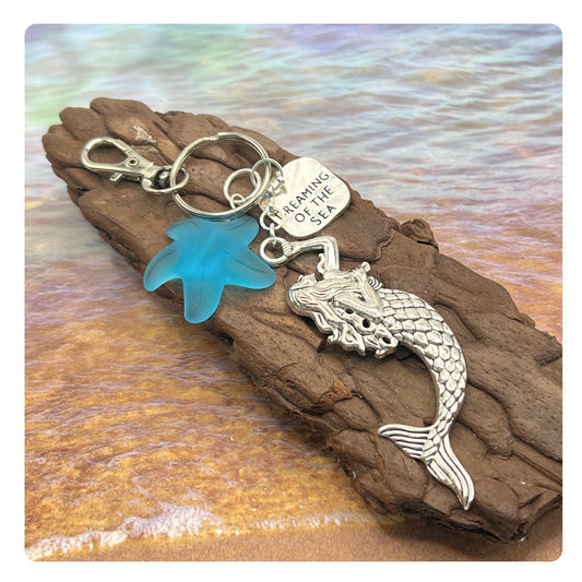 Mermaid Keychain – Sea Glass & Starfish Coastal Keyring, Handmade Beach Gift (Keychain or Car Charm)