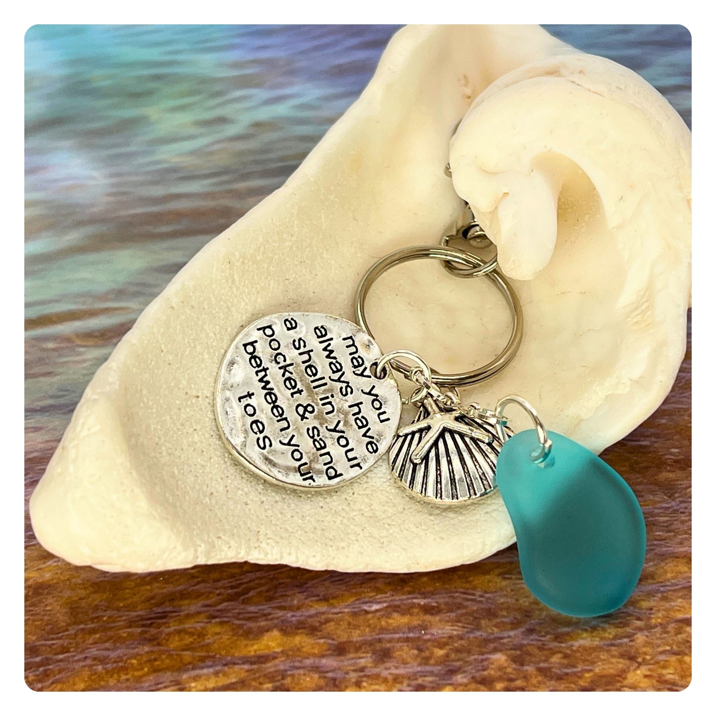 Sea Glass Keychain – Beach Quote Charm & Seashell, Coastal Gift for Her