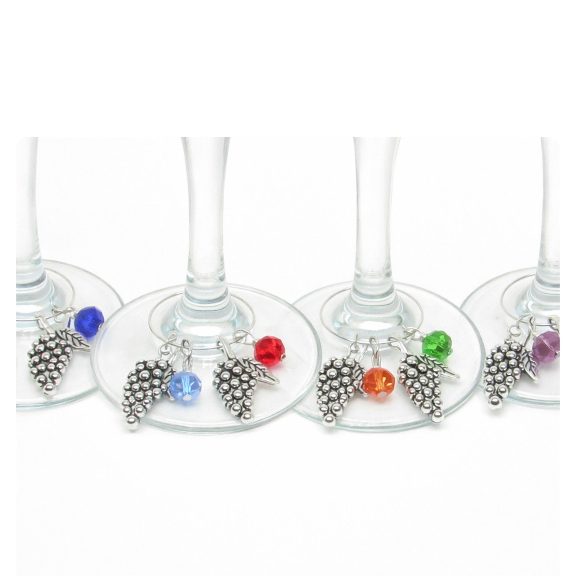 Handmade grape wine glass charms with colored faceted crystal beads, set of 6 in gift box