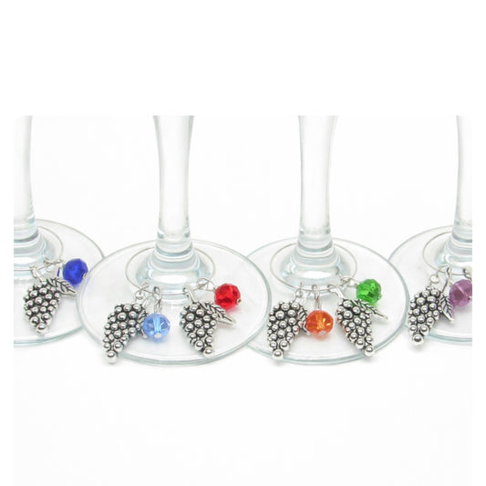 Handmade grape wine glass charms with colored faceted crystal beads, set of 6 in gift box