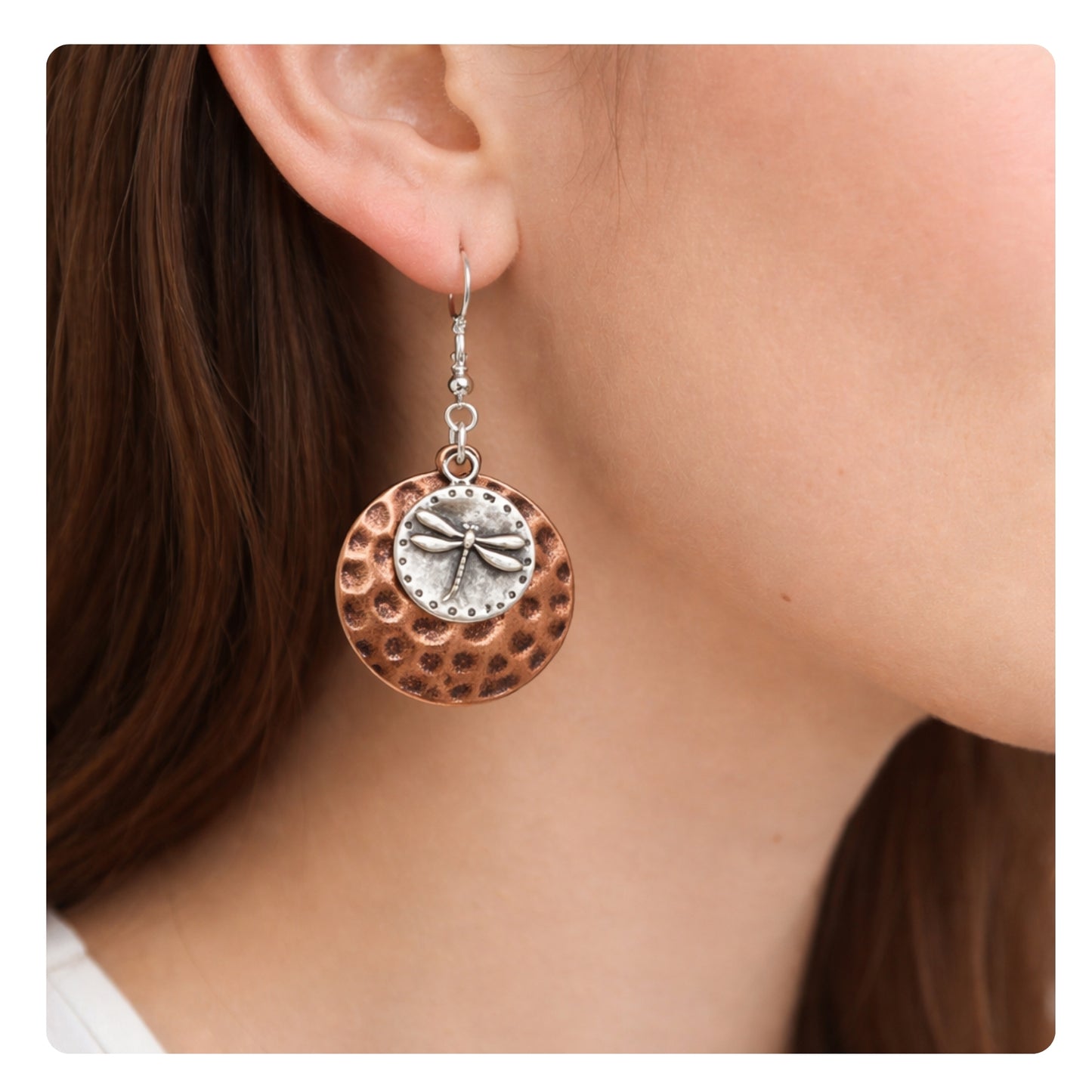 Boho copper dragonfly and starfish dangle earrings — lightweight handmade coastal jewelry