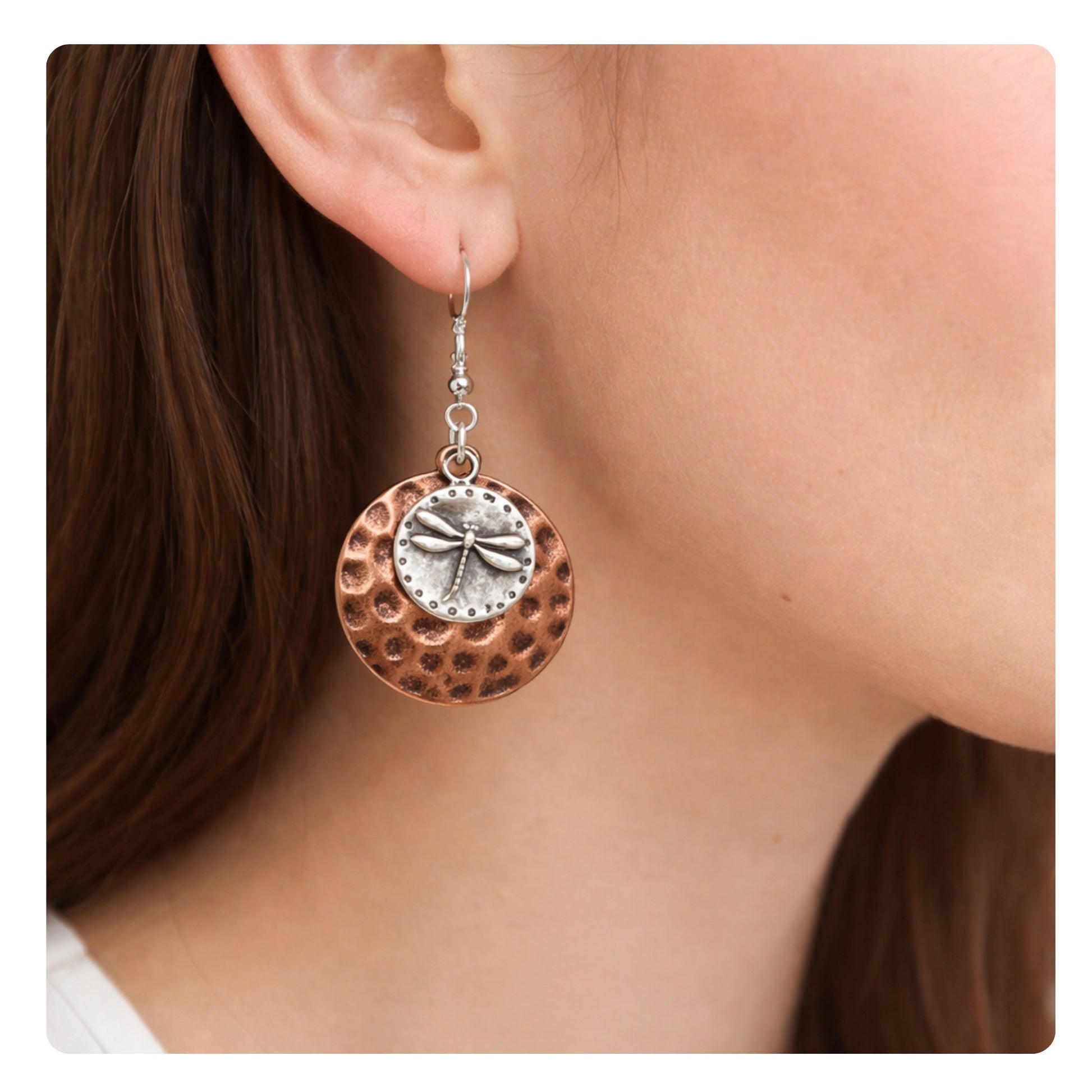 Boho copper dragonfly and starfish dangle earrings — lightweight handmade coastal jewelry