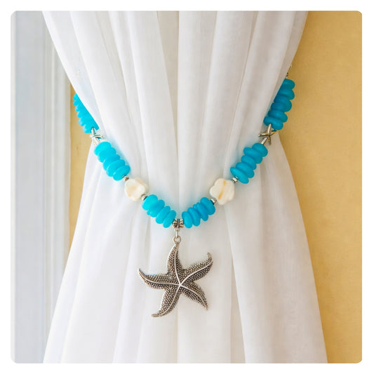 Starfish Curtain Tiebacks – Blue Sea Glass Beaded Coastal Beach Decor, Set of 2