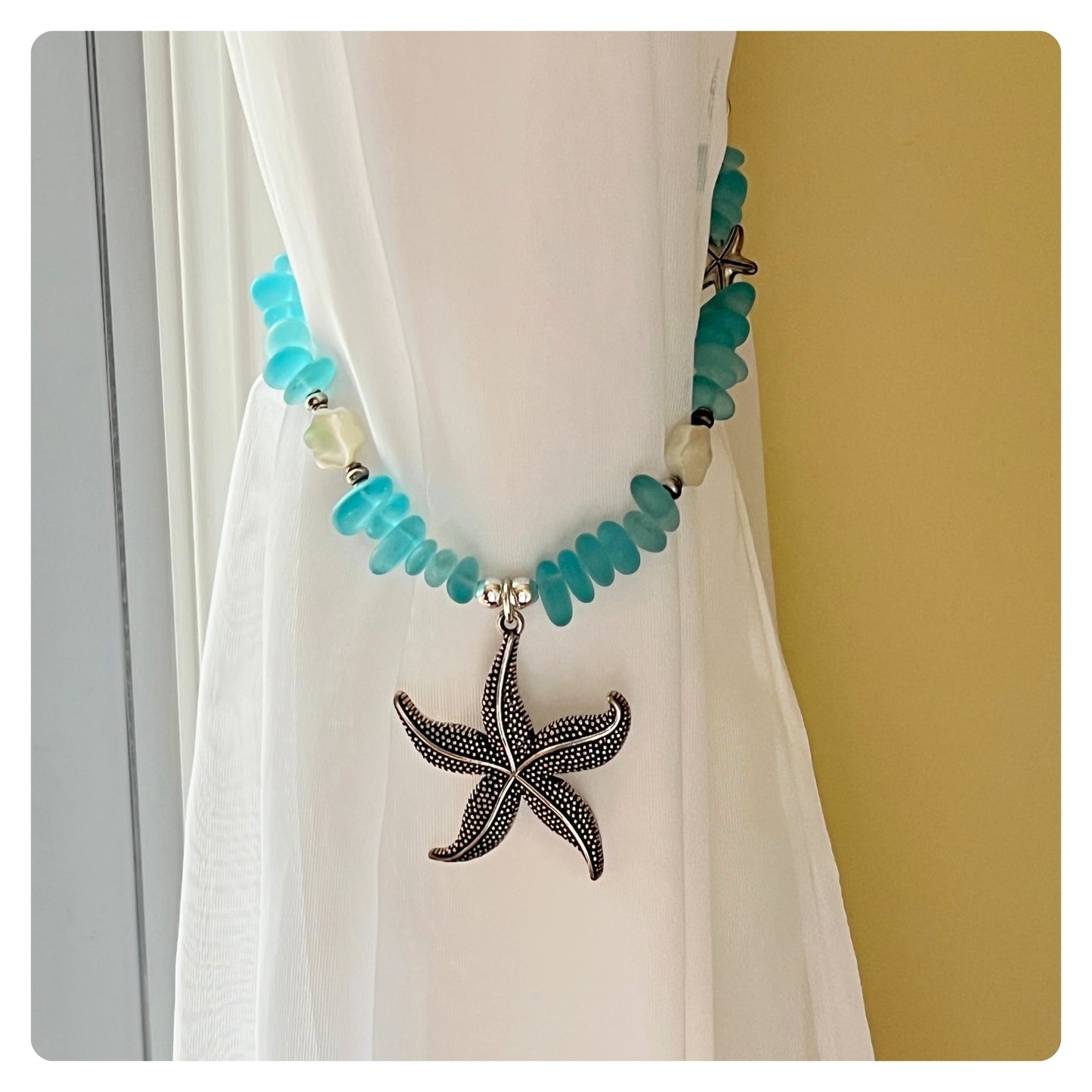 Starfish Curtain Tiebacks – Blue Sea Glass Beaded Coastal Beach Decor, Set of 2