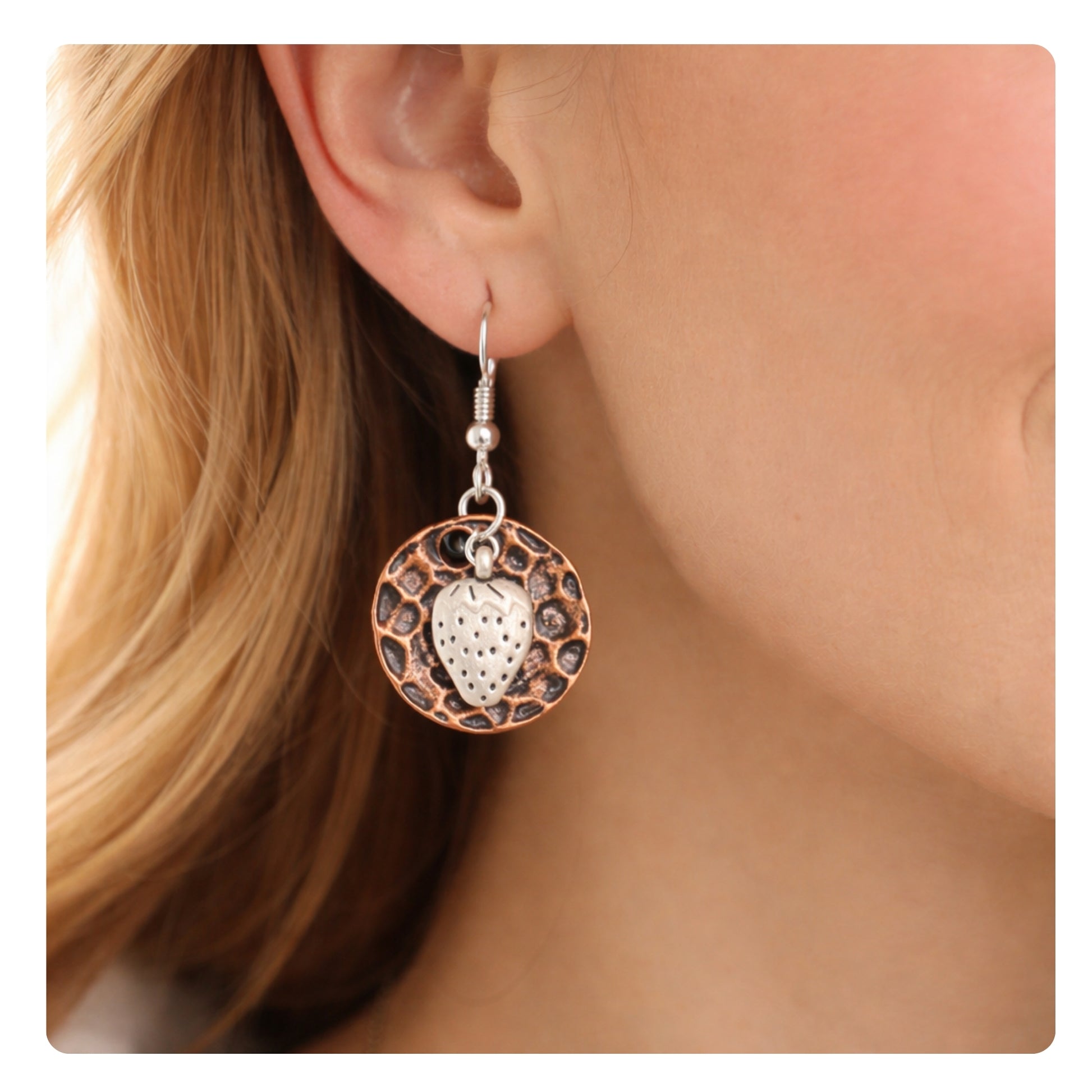 Handmade strawberry charm dangle earrings on hammered copper and silver disc, whimsical fruit jewelry gift for her