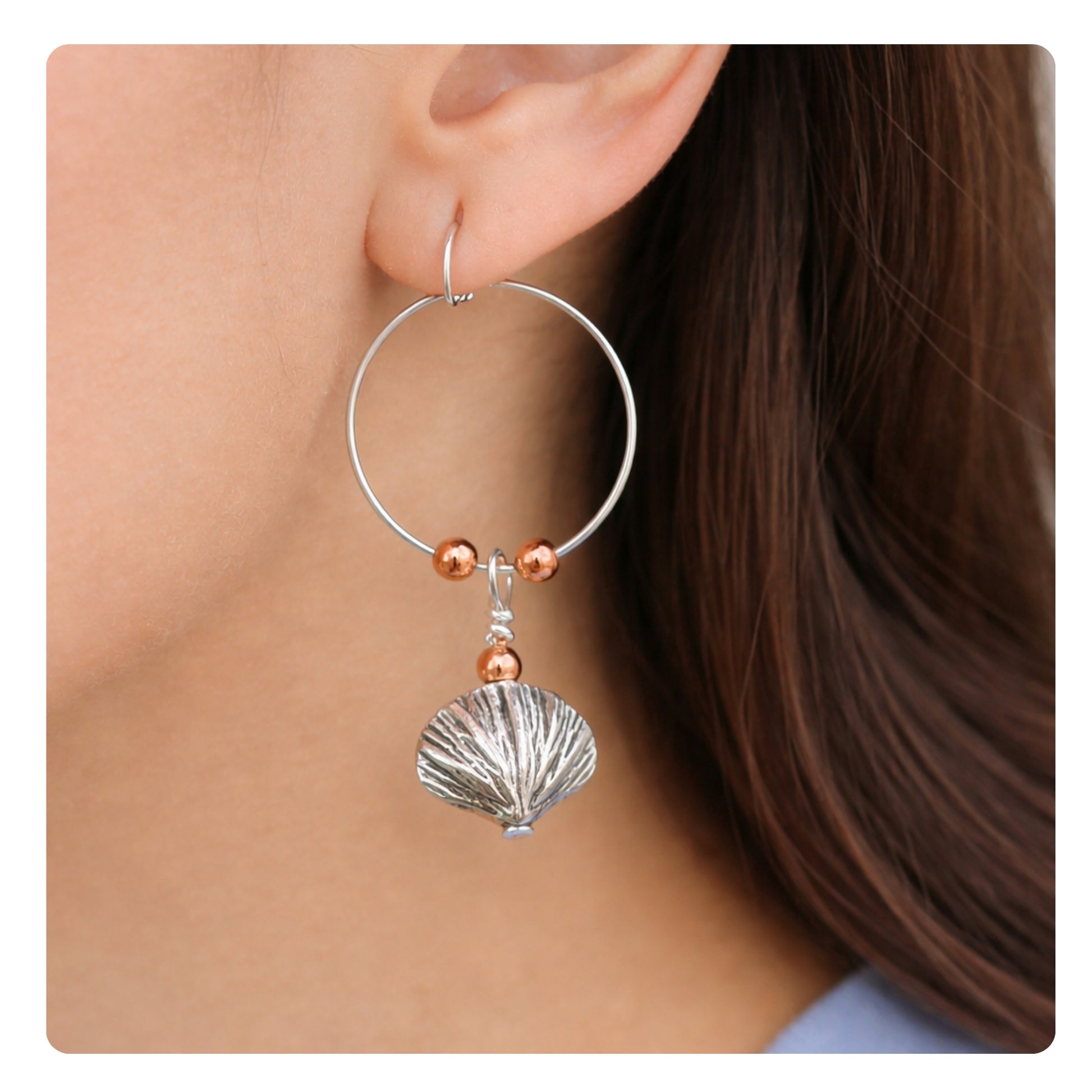 Mixed metal seashell hoop earrings — handmade coastal Mother's Day gift for women