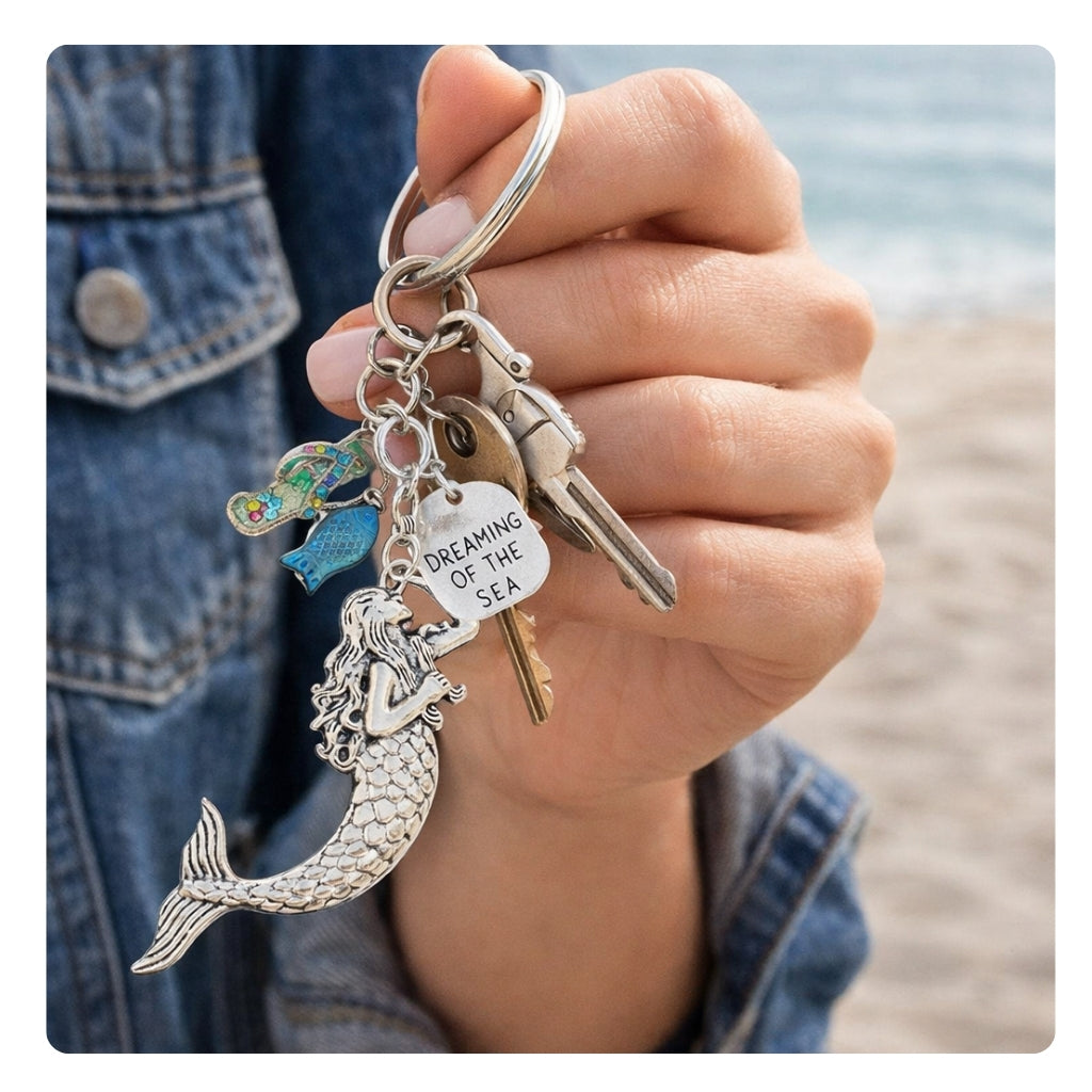 Handmade mermaid keychain with enamel mermaid pendant, flip flop charm and glass fish bead, nautical beach gift for her