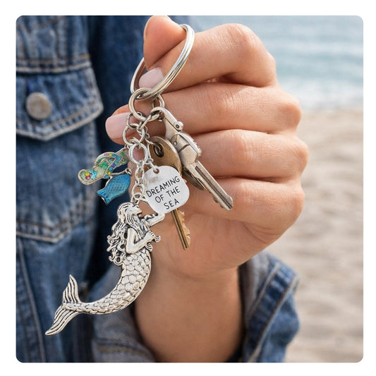 Handmade mermaid keychain with enamel mermaid pendant, flip flop charm and glass fish bead, nautical beach gift for her