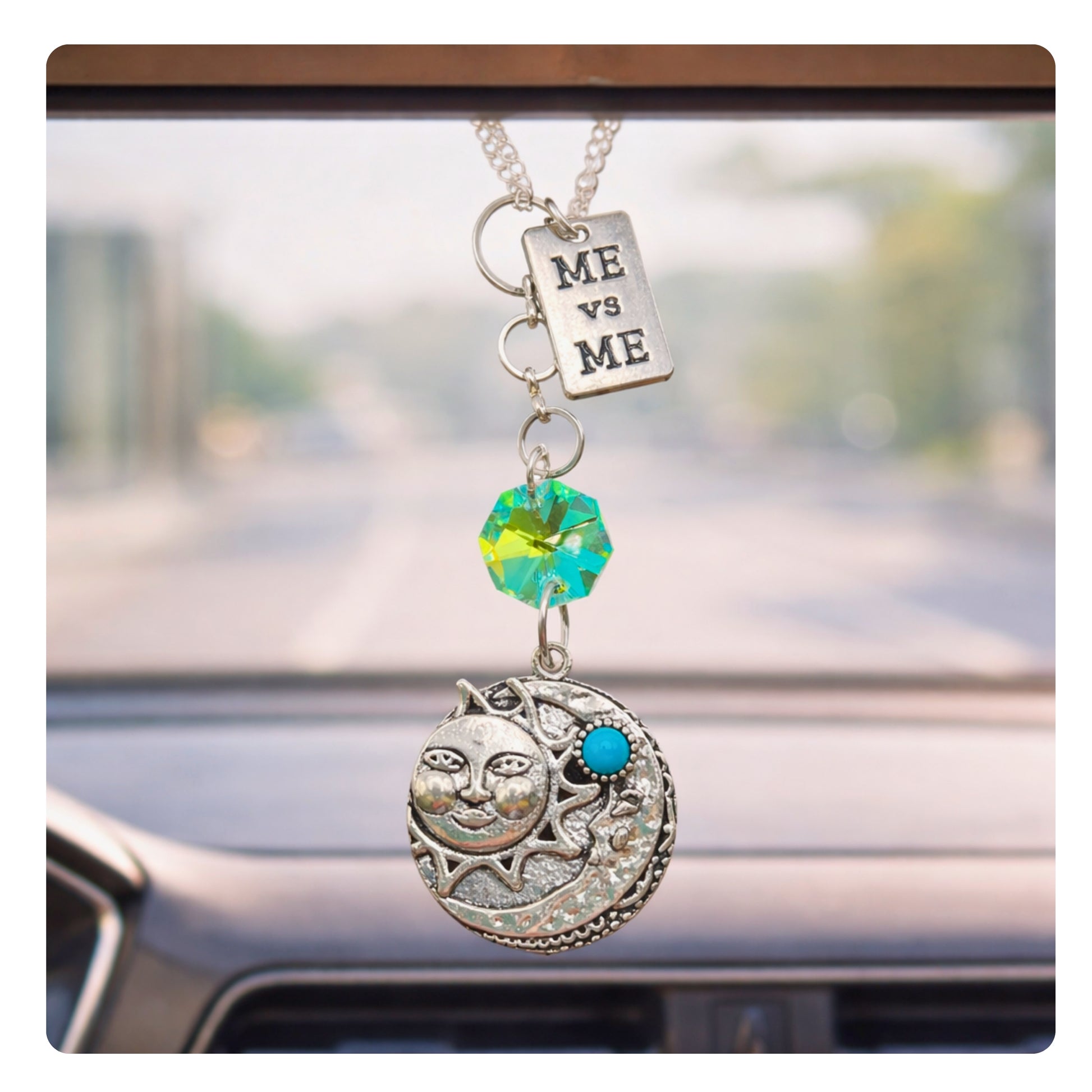 Celestial design crystal and turquoise silver chain rearview mirror charm hanging from a car mirror — handmade boho car accessory