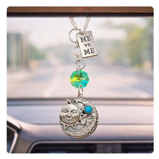 Celestial design crystal and turquoise silver chain rearview mirror charm hanging from a car mirror — handmade boho car accessory
