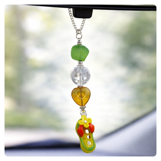 Beachy Car Charm – Sun Catcher Rear View Mirror Charm with Glass Beads & Flip Flop, Choose Your Color