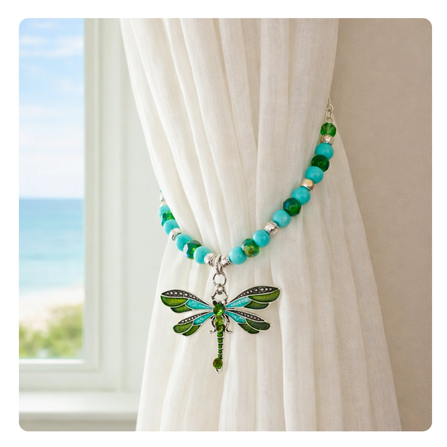 Dragonfly curtain tiebacks shown styled on sheer curtains — handmade boho shabby chic nursery home decor