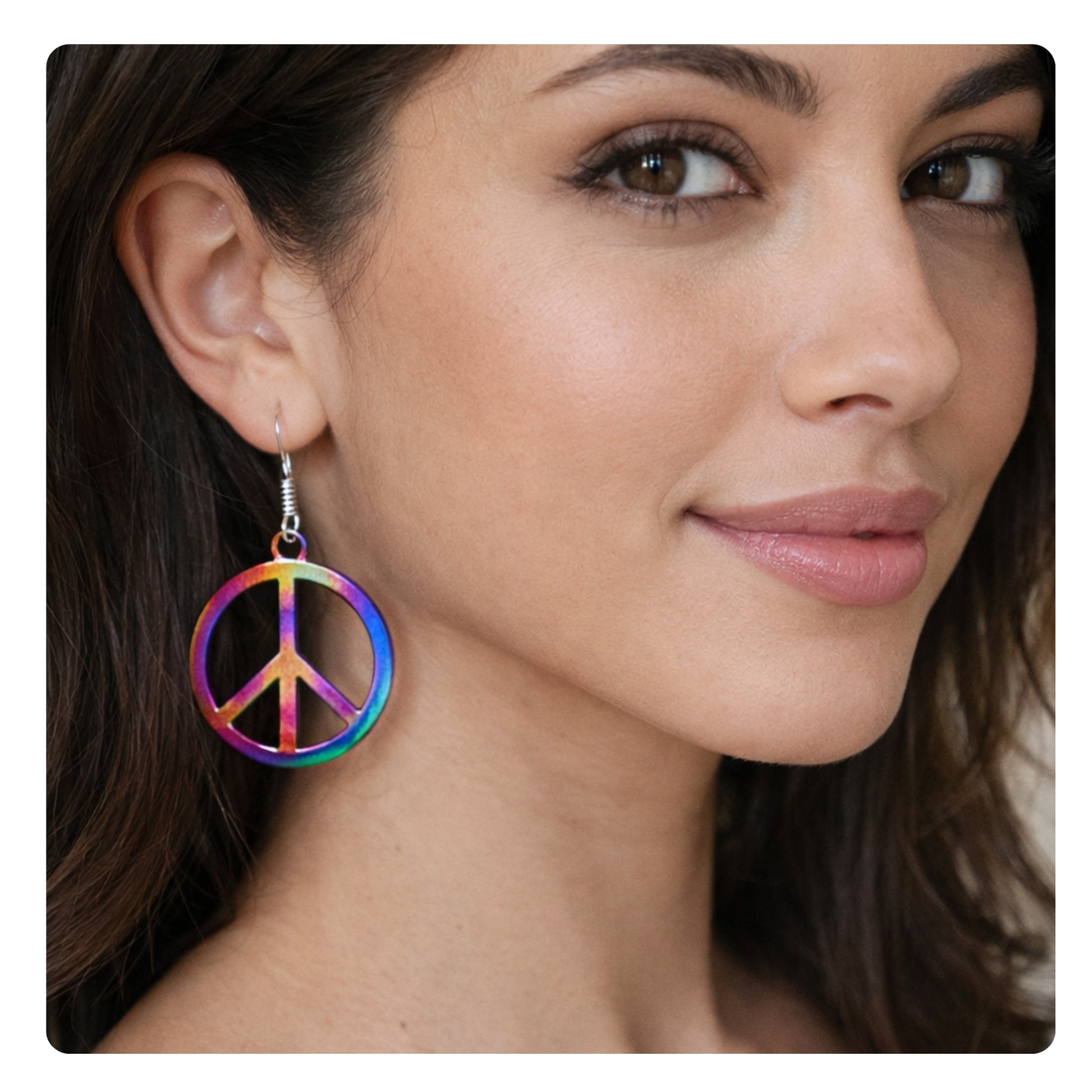 Rainbow peace sign dangle earrings — retro 70s groovy hippie chic fashion jewelry