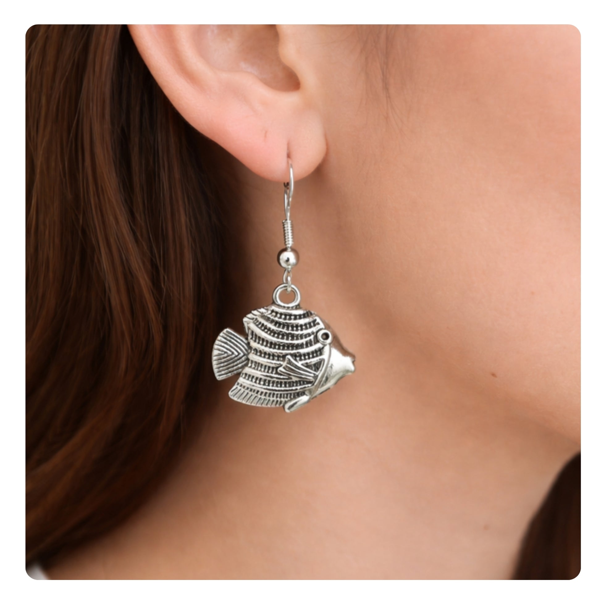 Silver angelfish charm dangle earrings — handmade tropical coastal beach jewelry