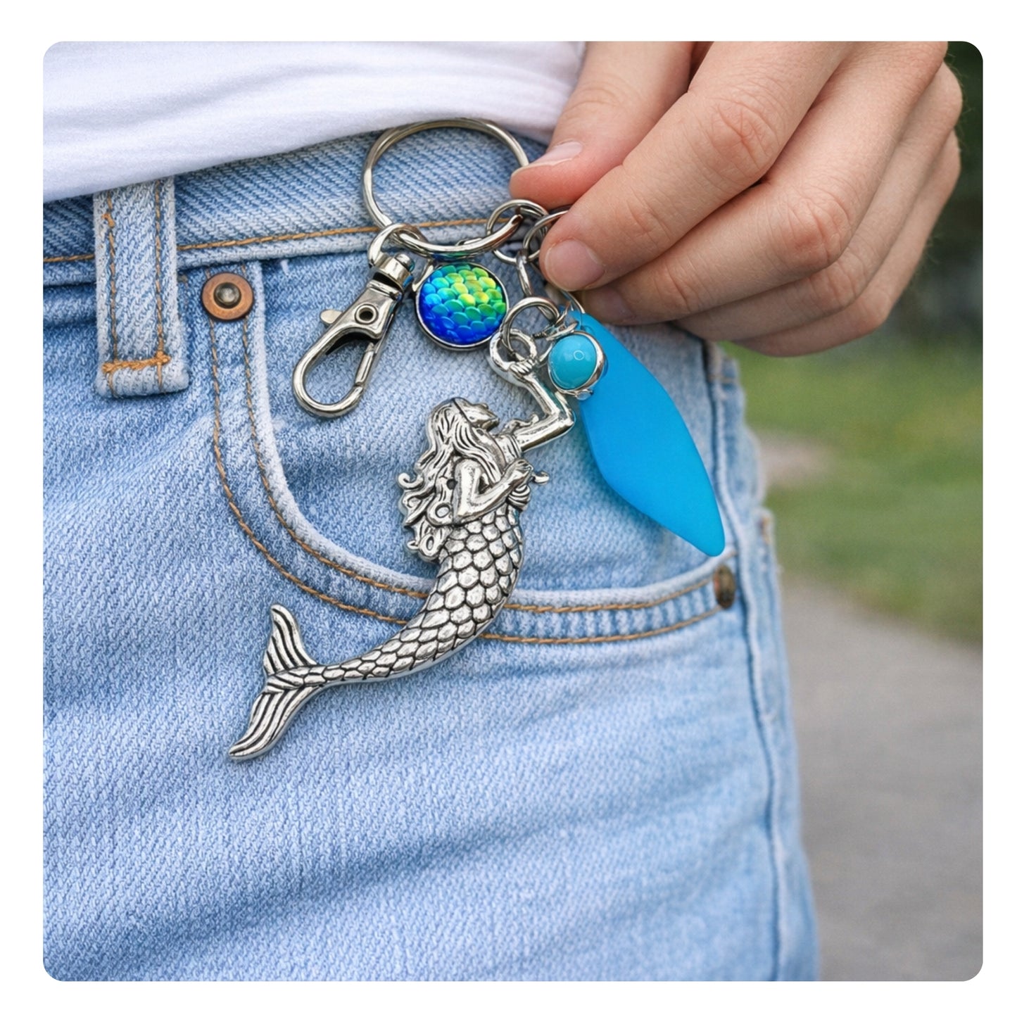 Mermaid Keychain – Large Silver Charm & Blue Sea Glass, Coastal Purse Charm (Keychain or Car Charm)