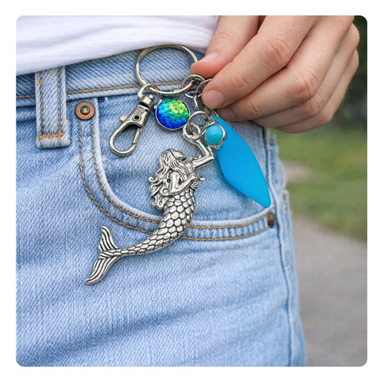 Mermaid Keychain – Large Silver Charm & Blue Sea Glass, Coastal Purse Charm (Keychain or Car Charm)