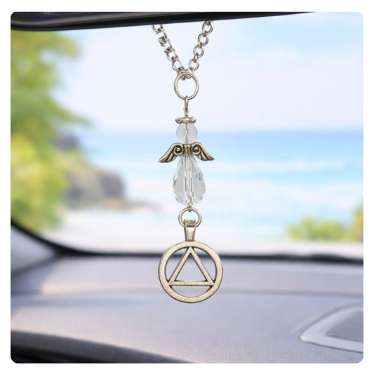 Angel sun catcher car charm shown hanging from a rearview mirror — sobriety recovery gift for her
