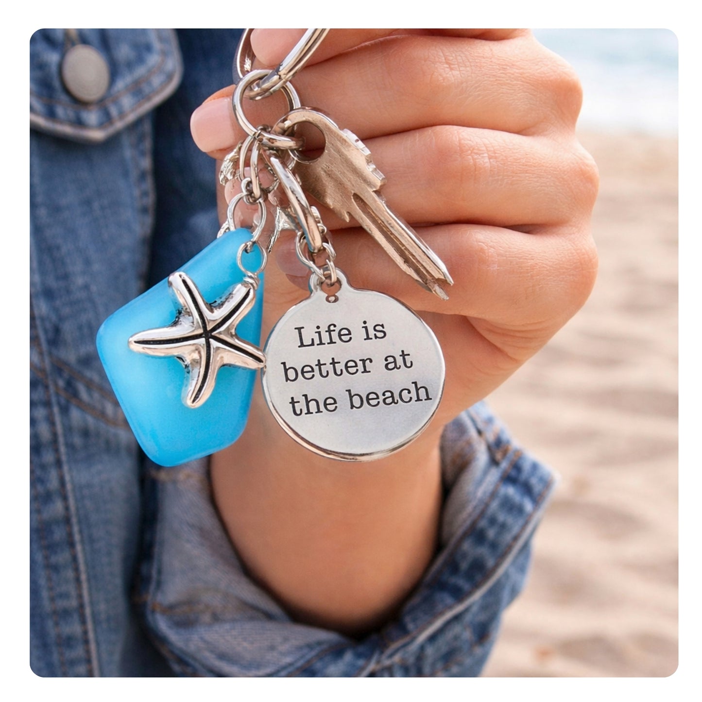 Starfish Keychain – Sea Glass & Beach Quote Charm, Coastal Gift for Her