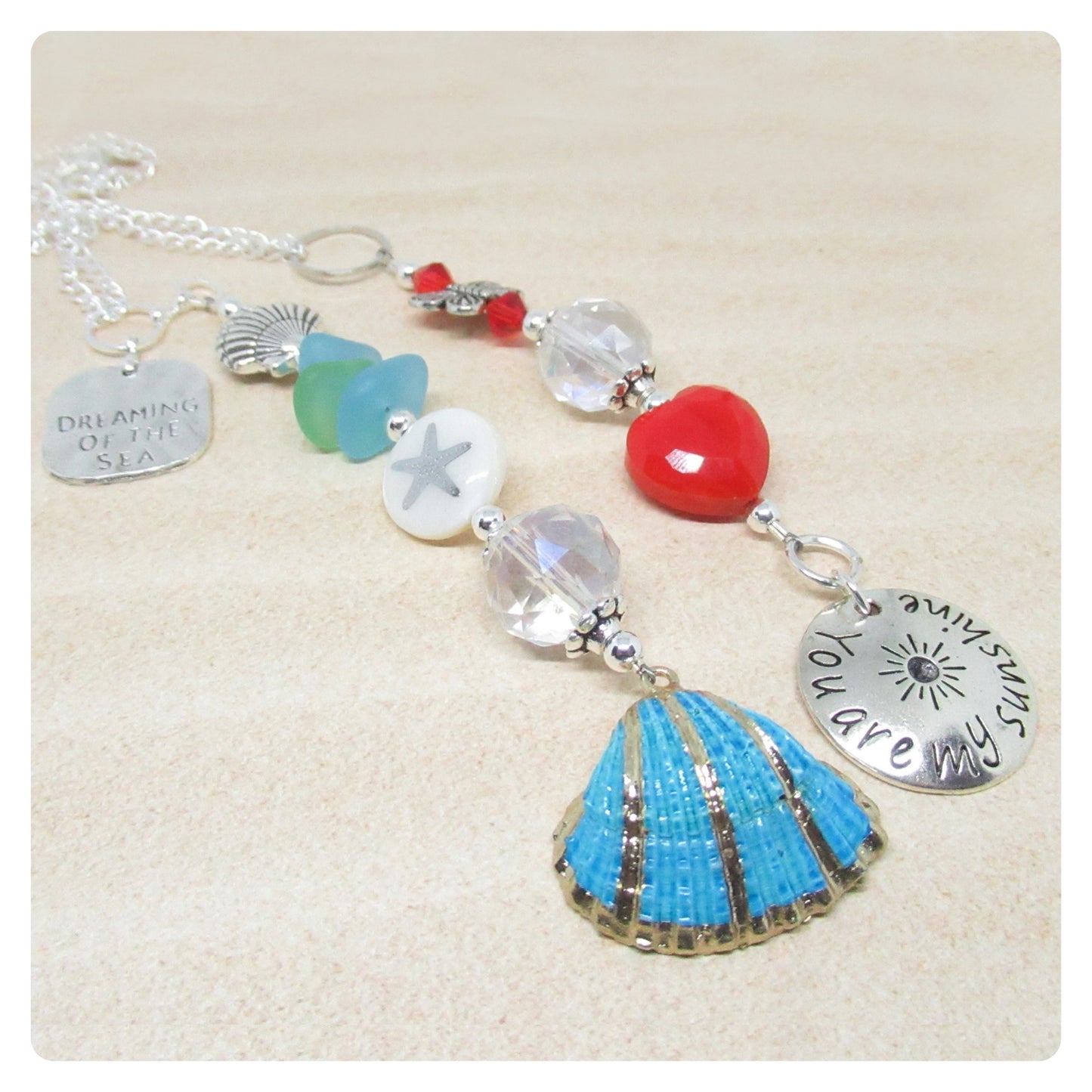 Seashell Car Charm – Rear View Mirror Sun Catcher with Crystal Heart & Sea Glass