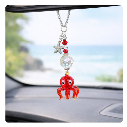 Octopus Car Charm – Red Glass Rear View Mirror Sun Catcher, Handmade Ocean Beach Gift