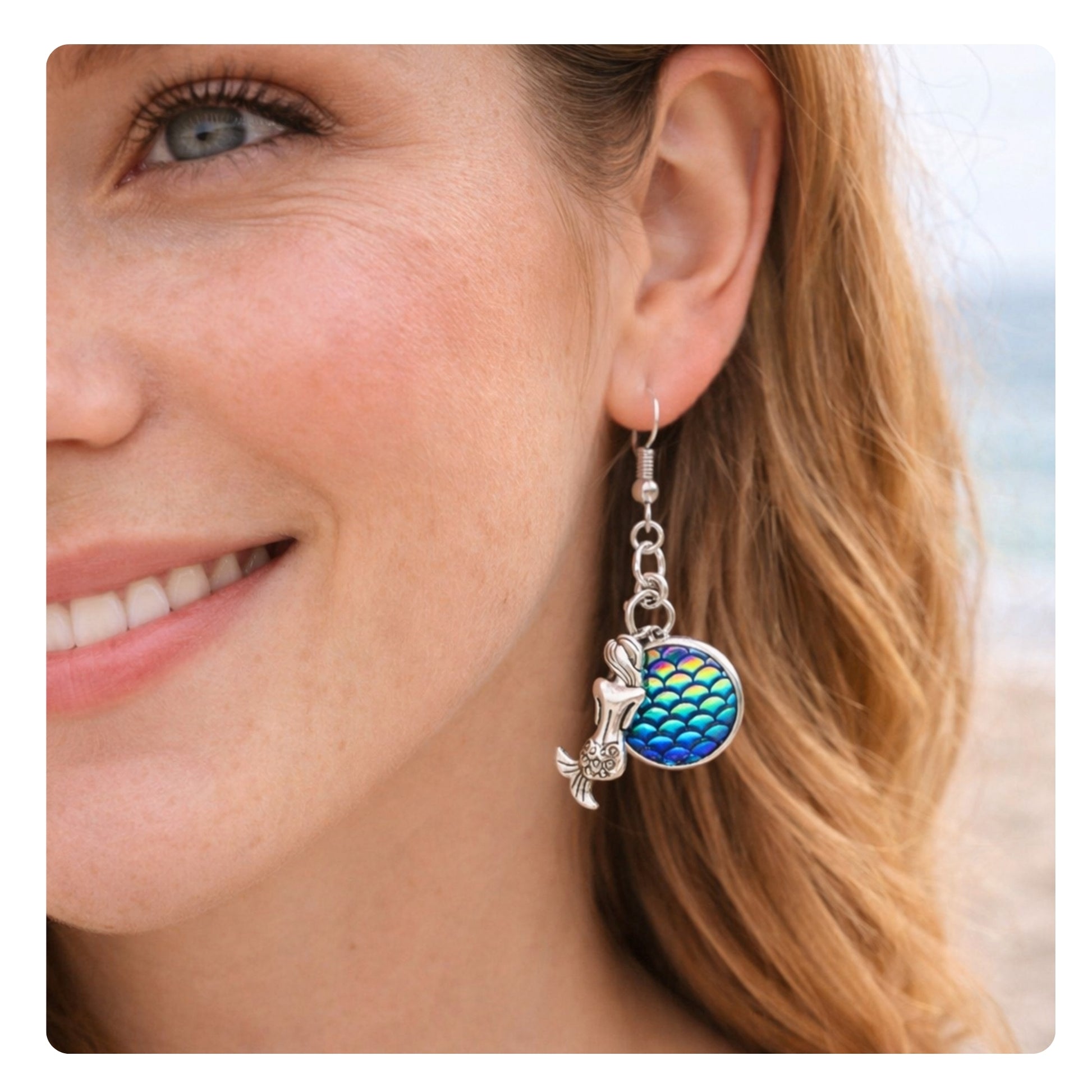 Handmade iridescent mermaid scale dangle earrings with tiny silver mermaid charms, ocean jewelry gift for mermaid lovers