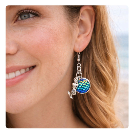 Handmade iridescent mermaid scale dangle earrings with tiny silver mermaid charms, ocean jewelry gift for mermaid lovers