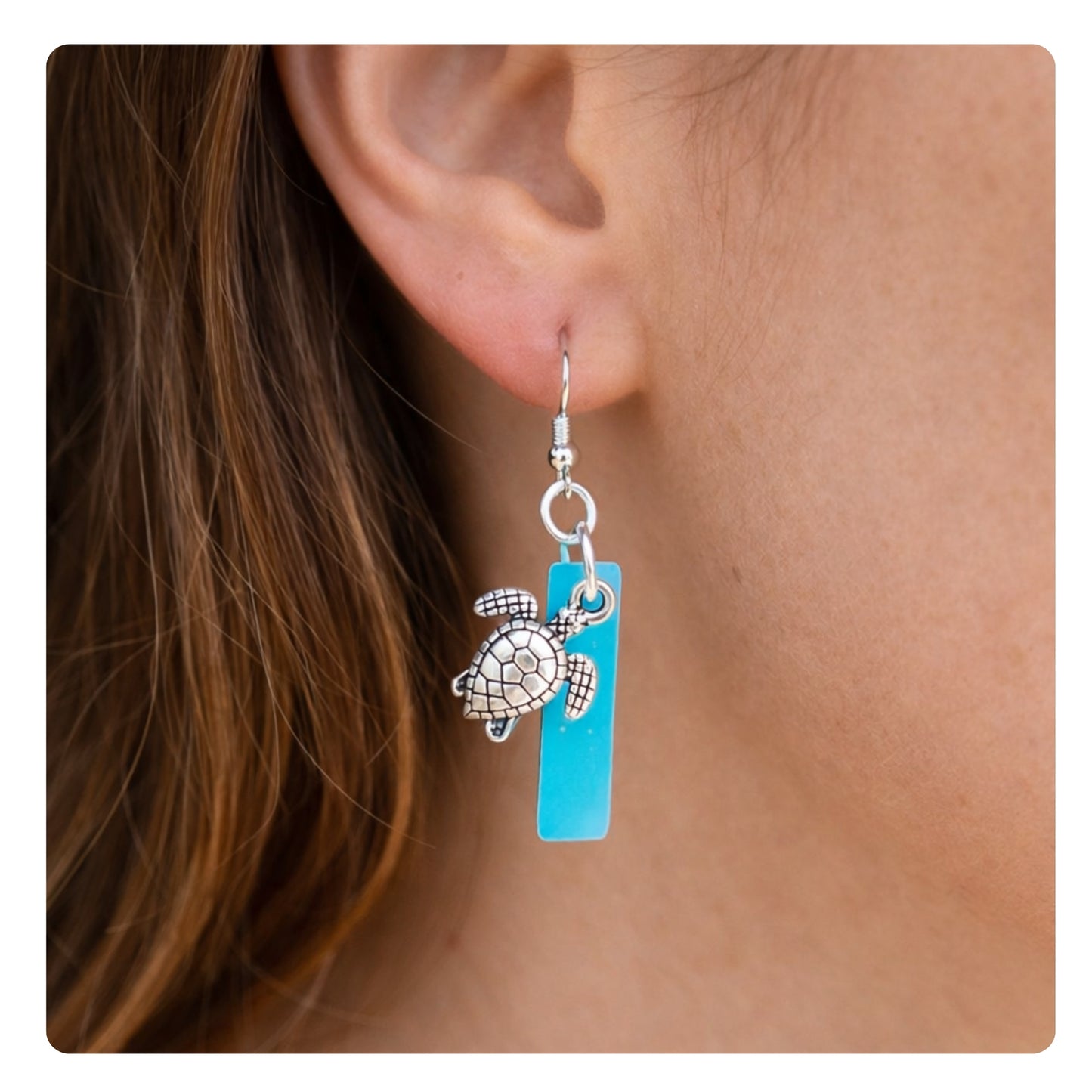 Sea glass sea turtle dangle earrings — handmade coastal beach wedding jewelry