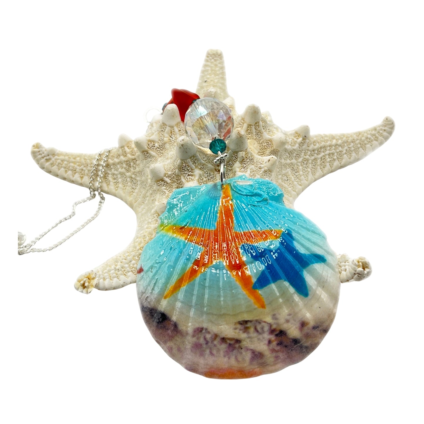 Painted Seashell Sun Catcher – Starfish Design with Sea Glass, Rear View Mirror or Window Decor