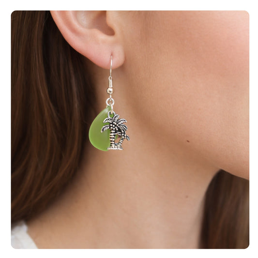 Palm tree charm and sea glass dangle earrings — handmade coastal beach style jewelry