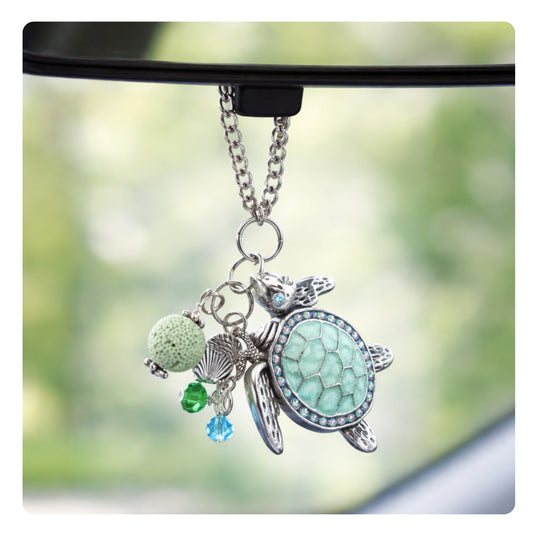 Sea Turtle Car Charm – Rhinestone Rear View Mirror Diffuser with Green Lava Bead, Choose Your Design
